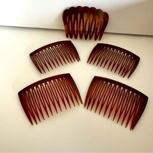 Vintage Set of 5 Plastic Hair Side Combs Translucent Brown